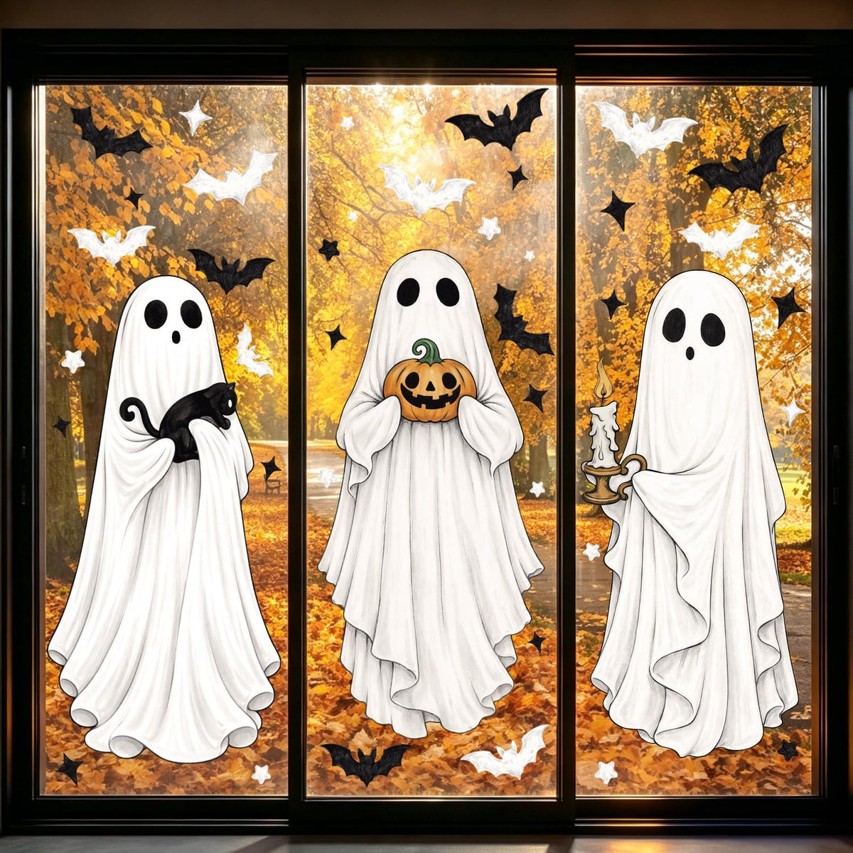 3 Sheets Halloween Ghosts Window Clings, Extra Large Spooky Bats Black Cat Pumpkin Window Stickers Ghost Mirror Decals for Home School Office Glass Halloween Party Indoor Outdoor Decorations