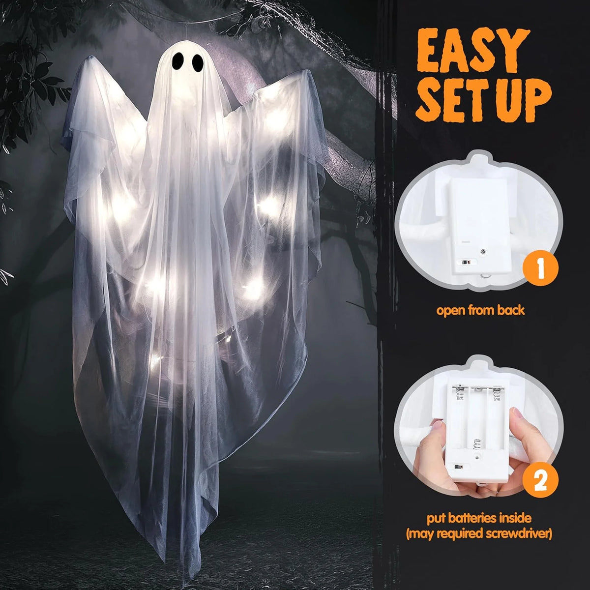 Halloween Ghost Decor with White LED Light, 47” Light up Hanging Ghost Halloween Yard Porch Decorations Outdoor