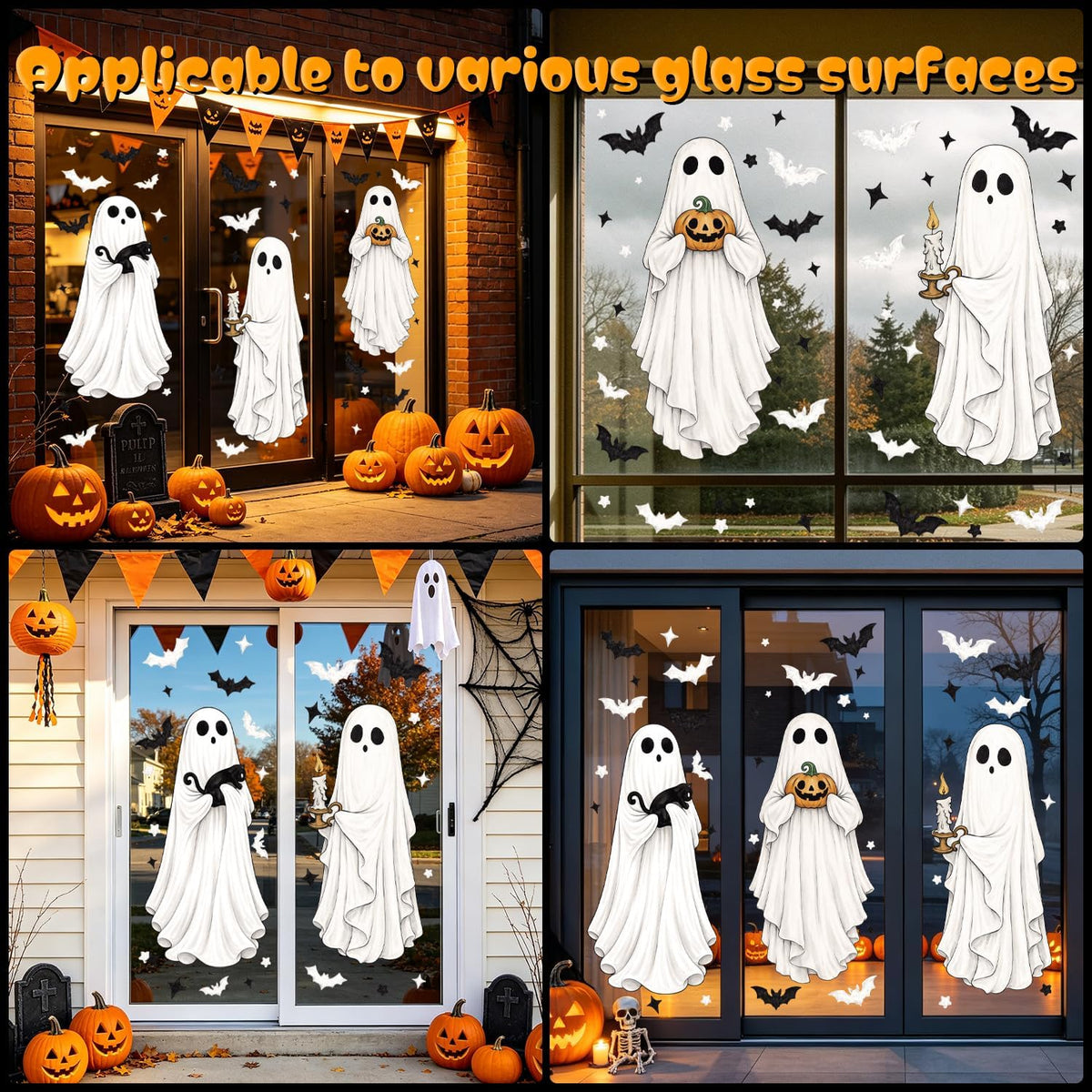 3 Sheets Halloween Ghosts Window Clings, Extra Large Spooky Bats Black Cat Pumpkin Window Stickers Ghost Mirror Decals for Home School Office Glass Halloween Party Indoor Outdoor Decorations