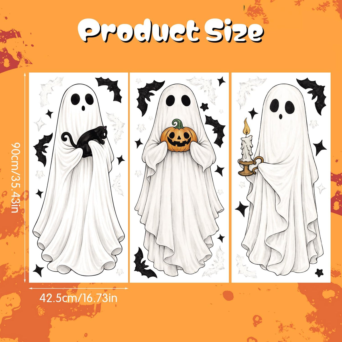 3 Sheets Halloween Ghosts Window Clings, Extra Large Spooky Bats Black Cat Pumpkin Window Stickers Ghost Mirror Decals for Home School Office Glass Halloween Party Indoor Outdoor Decorations
