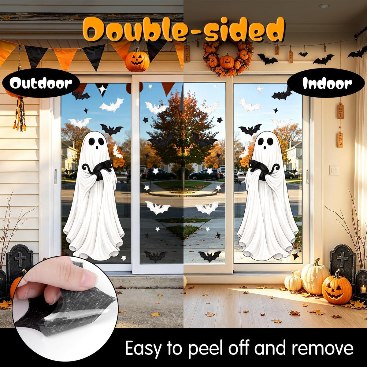 3 Sheets Halloween Ghosts Window Clings, Extra Large Spooky Bats Black Cat Pumpkin Window Stickers Ghost Mirror Decals for Home School Office Glass Halloween Party Indoor Outdoor Decorations
