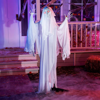 5.6 FT Standing White Ghost Large Halloween Decorations Outdoor, Sound-Actived Skeleton with Glowing Eyes & Creepy Sound, Scary Halloween Life Size Animatronics, Haunted House Props for Yard