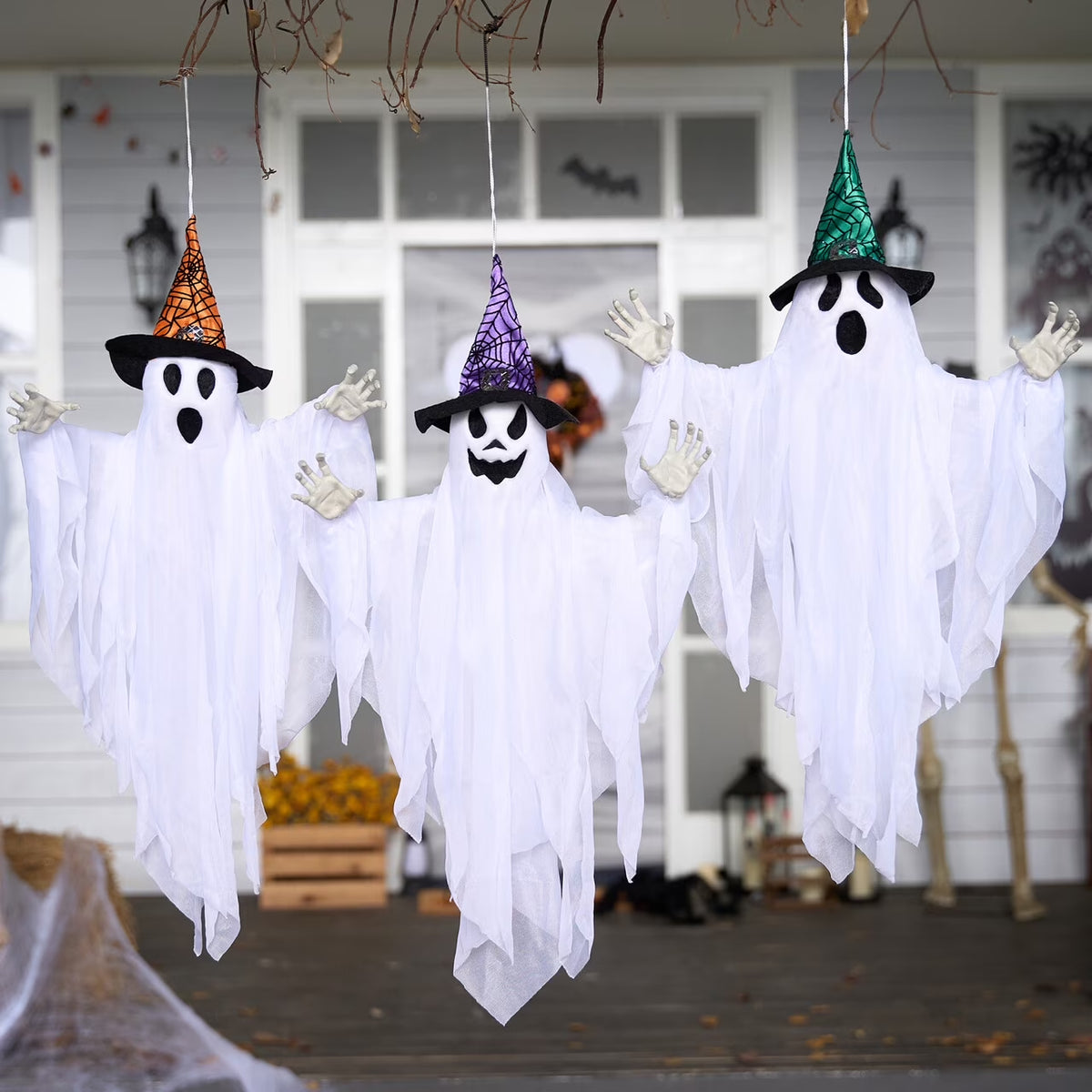 3 Packs Hanging Ghost Halloween Decorations Outdoor,24.8" White Flying Ghosts with Hats Outdoor Hanging Halloween Decorations Yard Decorations