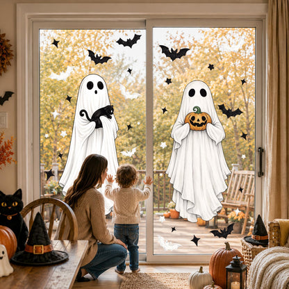 3 Sheets Halloween Ghosts Window Clings, Extra Large Spooky Bats Black Cat Pumpkin Window Stickers Ghost Mirror Decals for Home School Office Glass Halloween Party Indoor Outdoor Decorations
