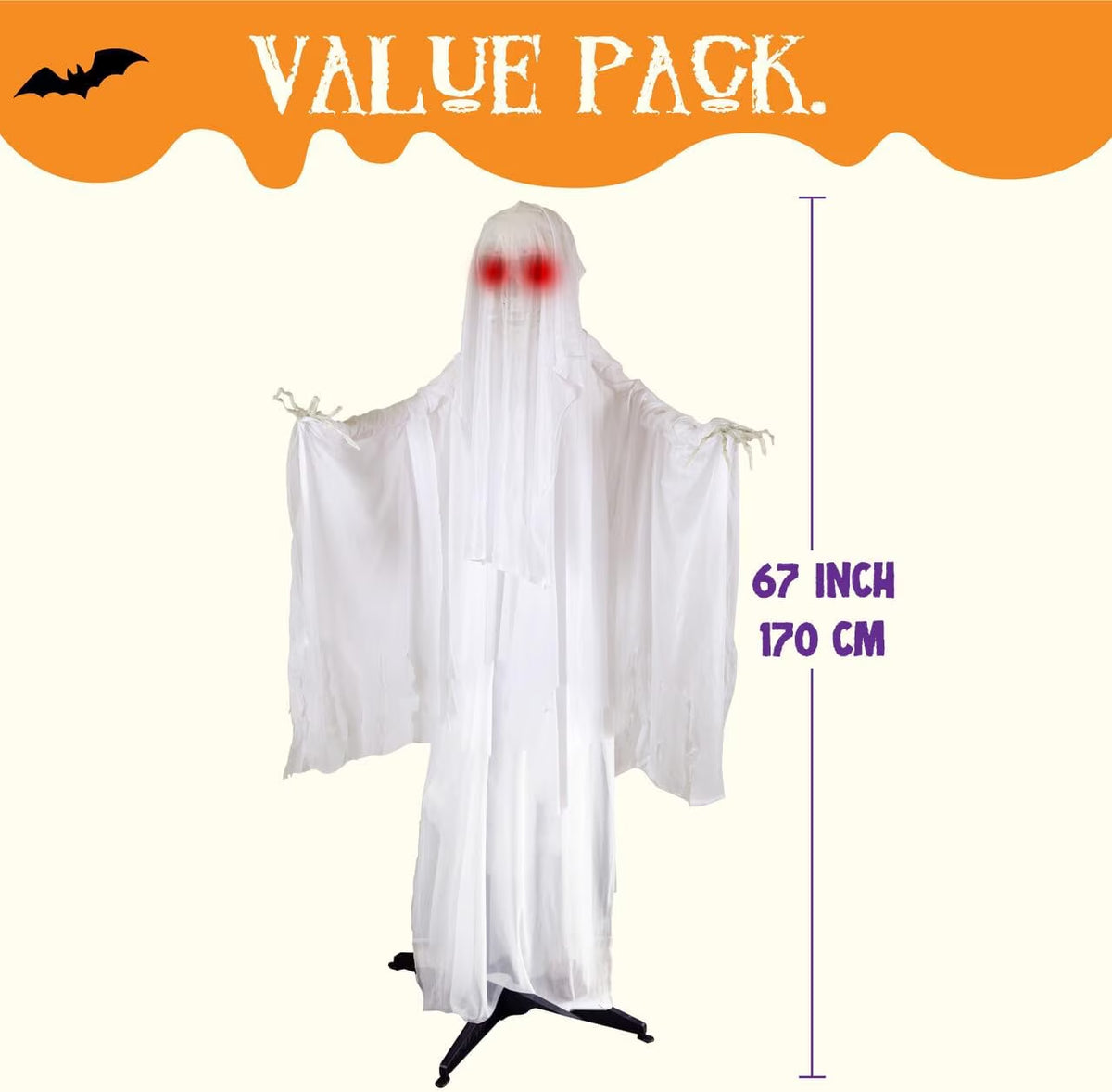 5.6 FT Standing White Ghost Large Halloween Decorations Outdoor, Sound-Actived Skeleton with Glowing Eyes & Creepy Sound, Scary Halloween Life Size Animatronics, Haunted House Props for Yard