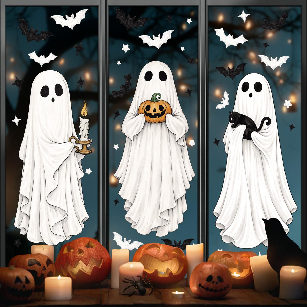 3 Sheets Halloween Ghosts Window Clings, Extra Large Spooky Bats Black Cat Pumpkin Window Stickers Ghost Mirror Decals for Home School Office Glass Halloween Party Indoor Outdoor Decorations