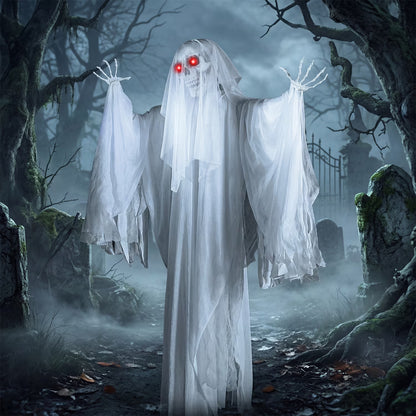 5.6 FT Standing White Ghost Large Halloween Decorations Outdoor, Sound-Actived Skeleton with Glowing Eyes & Creepy Sound, Scary Halloween Life Size Animatronics, Haunted House Props for Yard