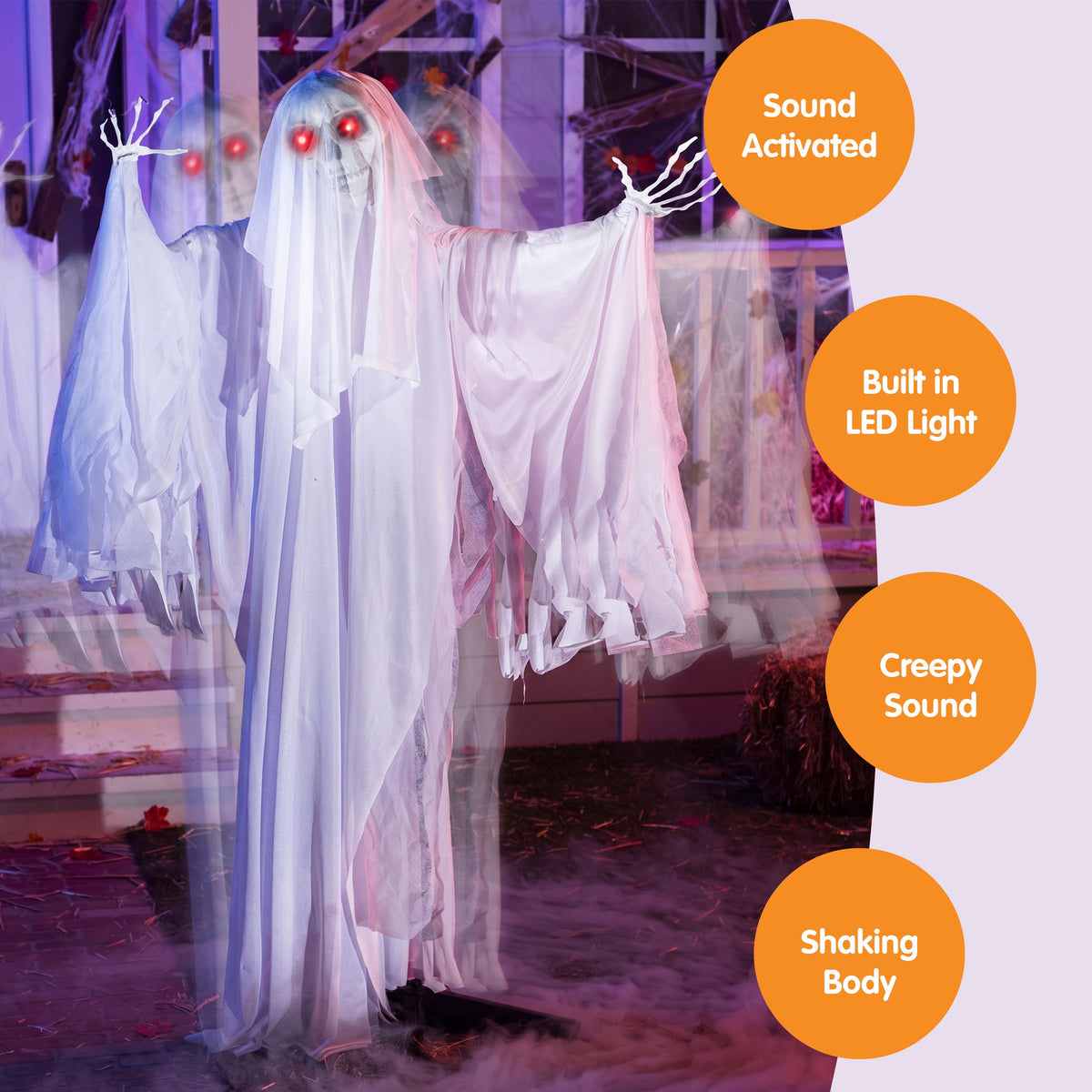 5.6 FT Standing White Ghost Large Halloween Decorations Outdoor, Sound-Actived Skeleton with Glowing Eyes & Creepy Sound, Scary Halloween Life Size Animatronics, Haunted House Props for Yard
