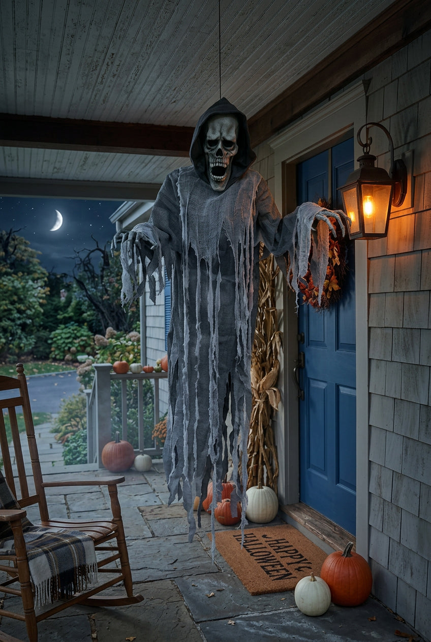A large Halloween grim reaper decoration stands on a front porch next to a blue door. The hanging ghost figure wears a tattered gray robe and has a skeletal face.