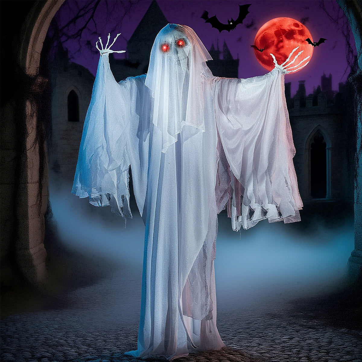 5.6 FT Standing White Ghost Large Halloween Decorations Outdoor, Sound-Actived Skeleton with Glowing Eyes & Creepy Sound, Scary Halloween Life Size Animatronics, Haunted House Props for Yard