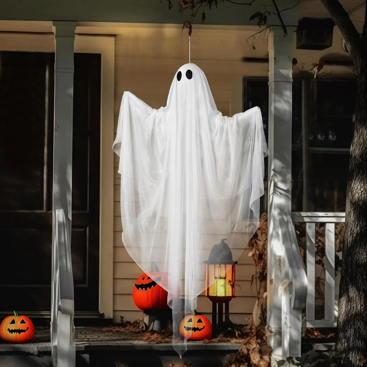 Halloween Ghost Decor with White LED Light, 47” Light up Hanging Ghost Halloween Yard Porch Decorations Outdoor
