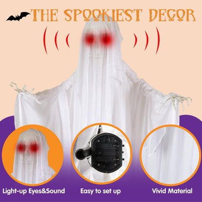 5.6 FT Standing White Ghost Large Halloween Decorations Outdoor, Sound-Actived Skeleton with Glowing Eyes & Creepy Sound, Scary Halloween Life Size Animatronics, Haunted House Props for Yard