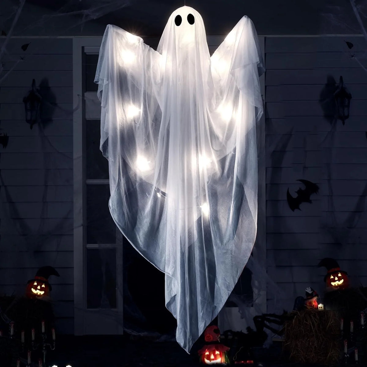 Halloween Ghost Decor with White LED Light, 47” Light up Hanging Ghost Halloween Yard Porch Decorations Outdoor