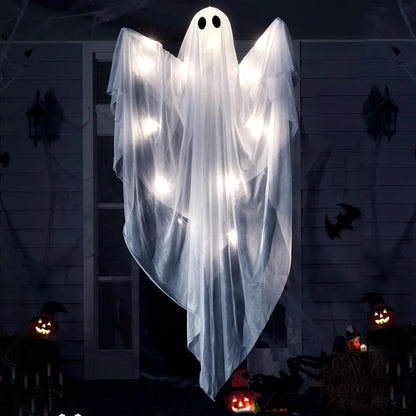 Halloween Ghost Decor with White LED Light, 47” Light up Hanging Ghost Halloween Yard Porch Decorations Outdoor