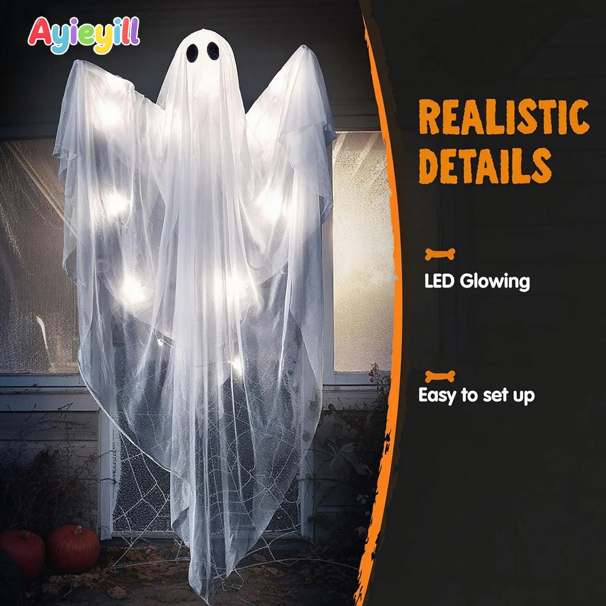 Halloween Ghost Decor with White LED Light, 47” Light up Hanging Ghost Halloween Yard Porch Decorations Outdoor