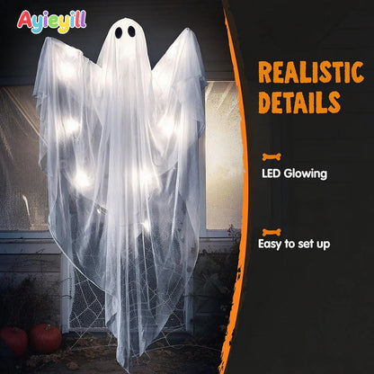 Halloween Ghost Decor with White LED Light, 47” Light up Hanging Ghost Halloween Yard Porch Decorations Outdoor